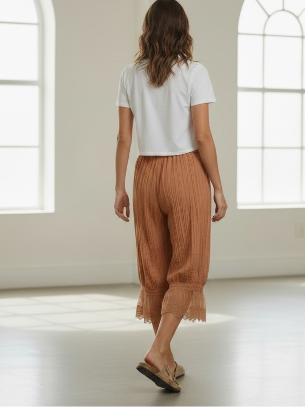560. Mocha solid woven lace trim pant - Picture 4 of 4